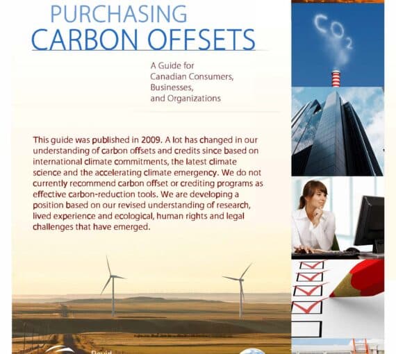 The front page of the report 'purchasing carbon offsets' guide including a new disclaimer saying that we do not currently recommend carbon offset as effective carbon-reduction tools.