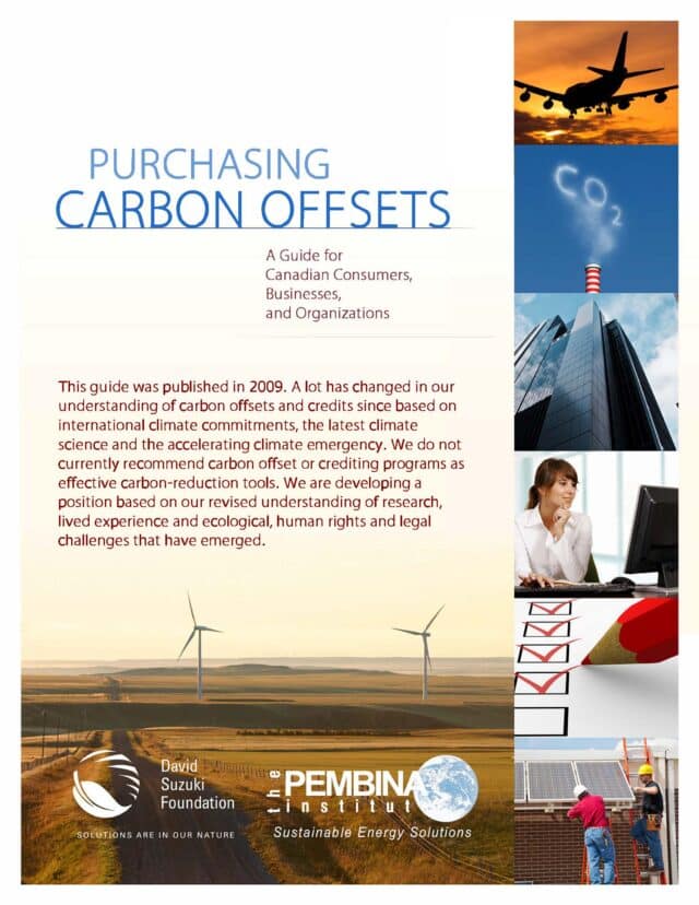 The front page of the report 'purchasing carbon offsets' guide including a new disclaimer saying that we do not currently recommend carbon offset as effective carbon-reduction tools.