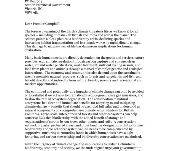 LETTER — A New Climate for Conservation: Letter from Scientists to Premier Gordon Campbell