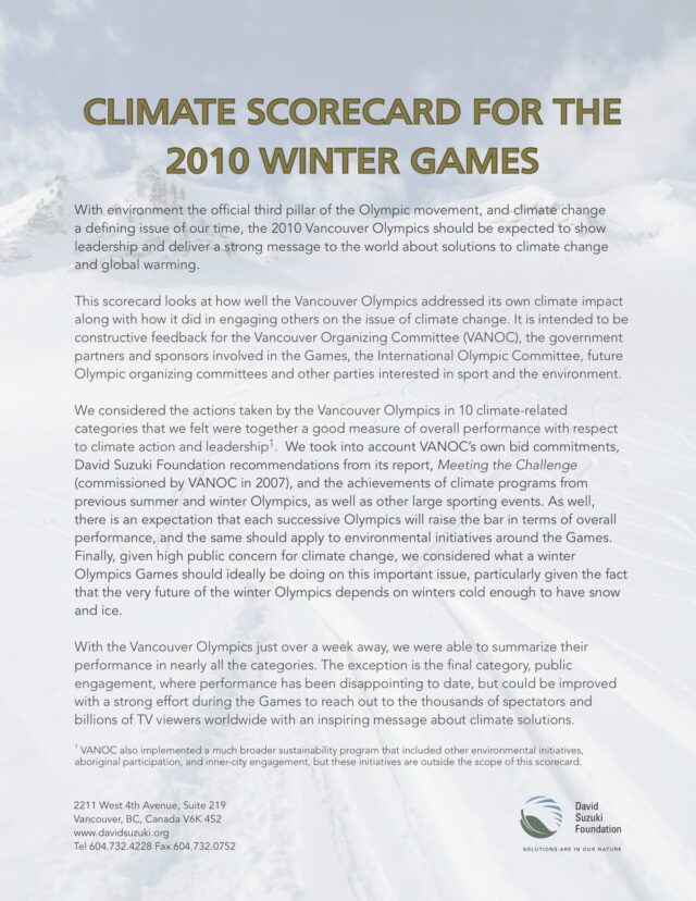 Climate Scorecard for the 2010 Winter Olympic Games