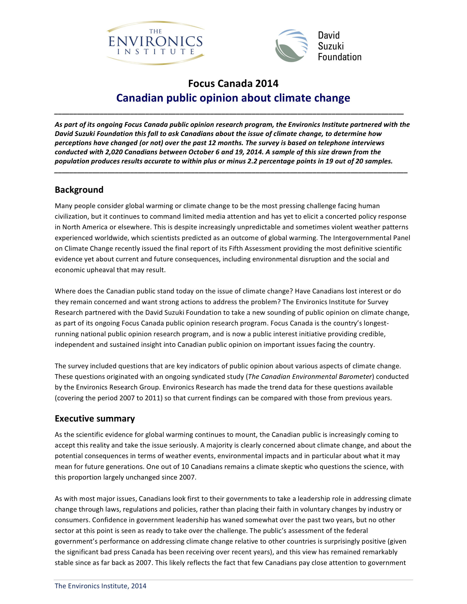 Focus Canada 2014 — Public Opinion on Climate Change