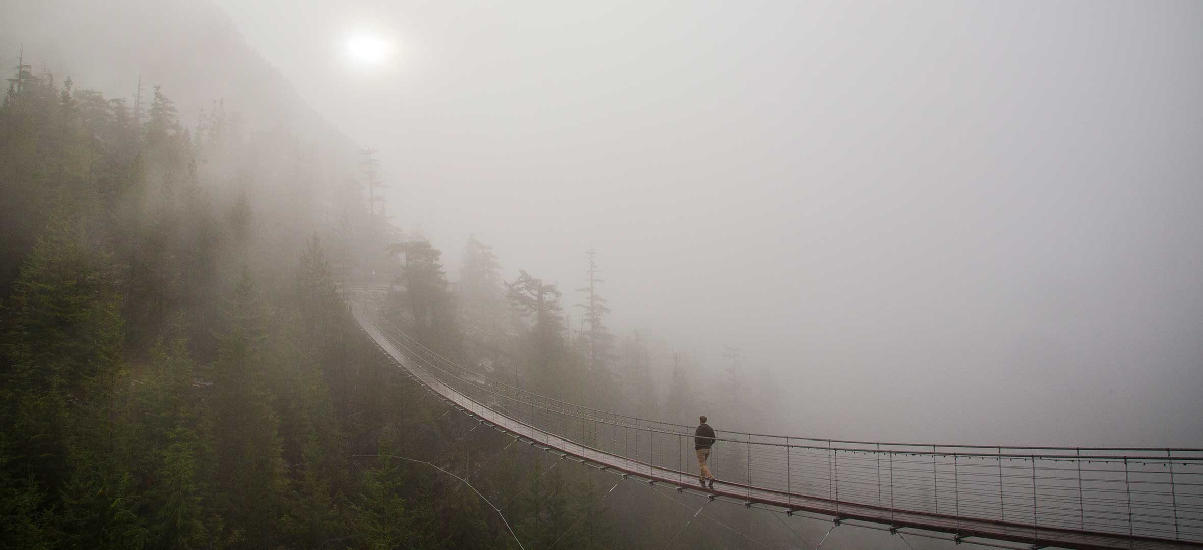 Trevor Dunn walks on a suspension bridge
