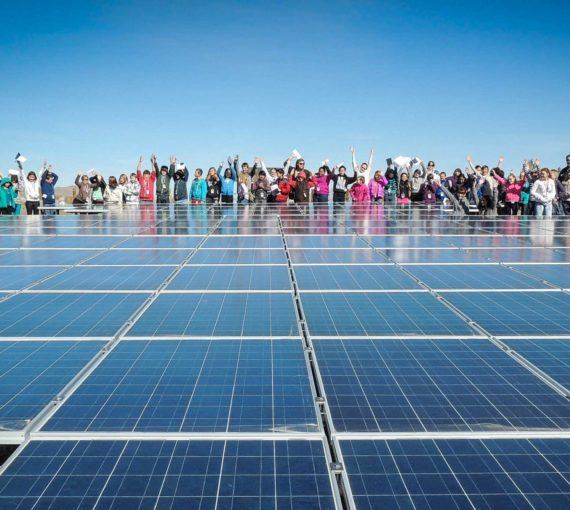 School children celebrate solar panels
