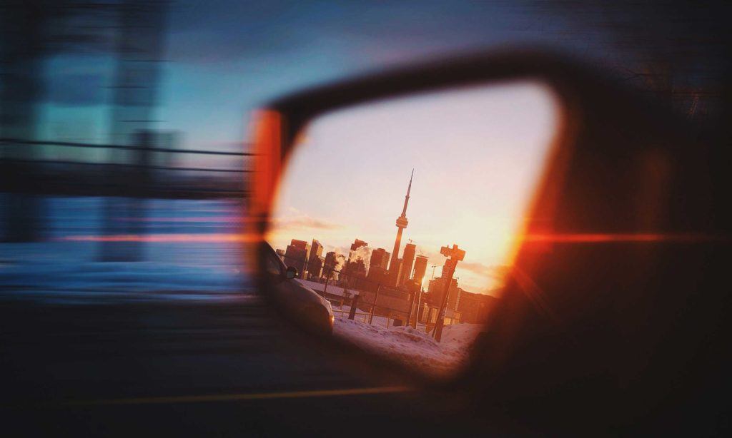 Rear-view mirror with CN Tower reflected