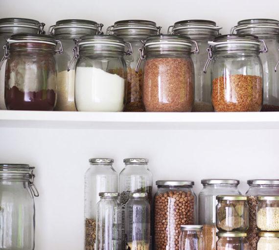 Pantry of dry goods stored in jars