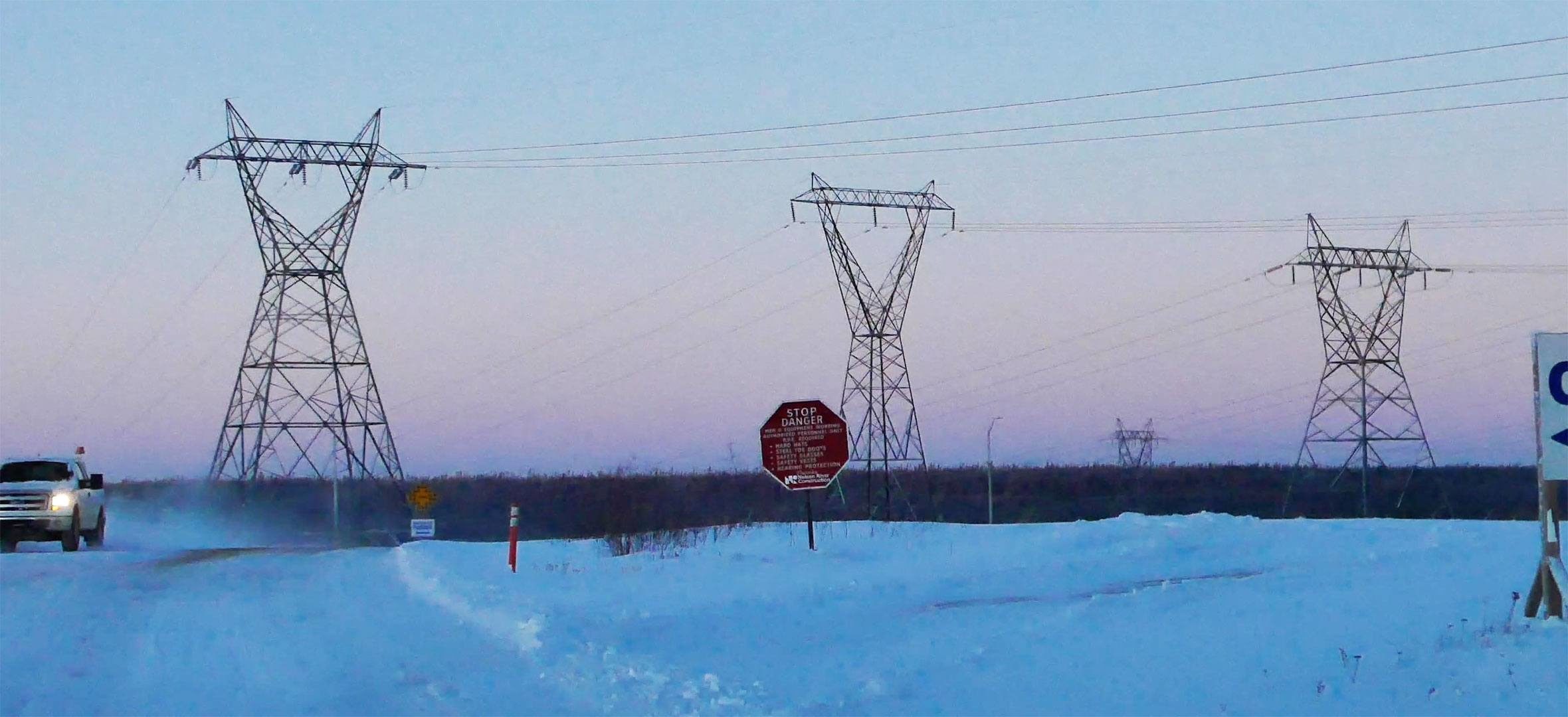 Overhead power lines at Fox Lake, Manitoba