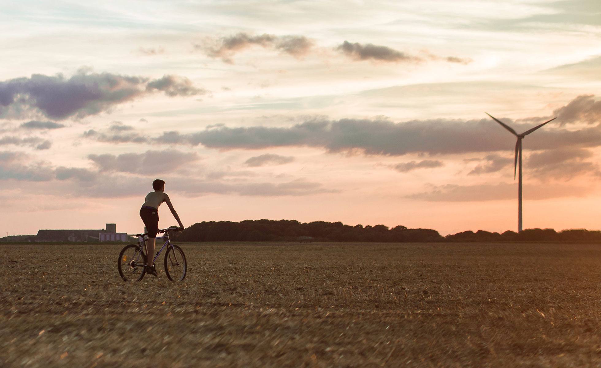 Cyclist in a field with wind turbine