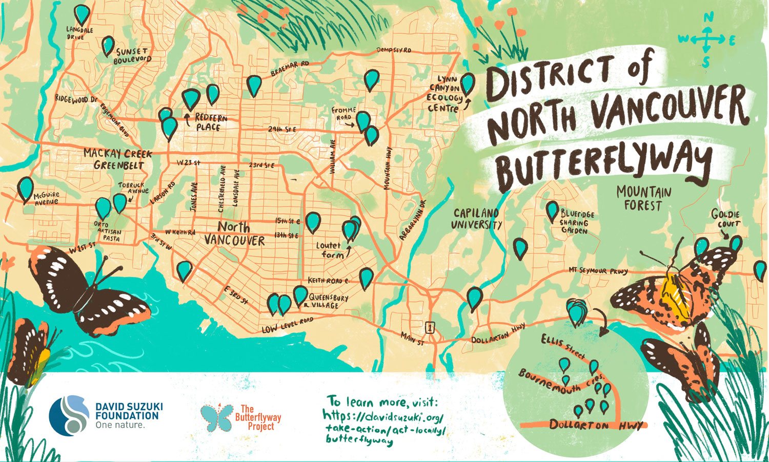 Illustrated map of butterflyway locations in the District of North Vancouver