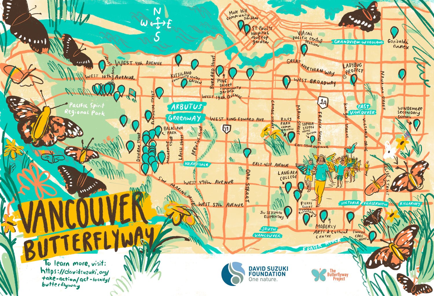 Illustrated map of Butterflyway locations in Vancouver