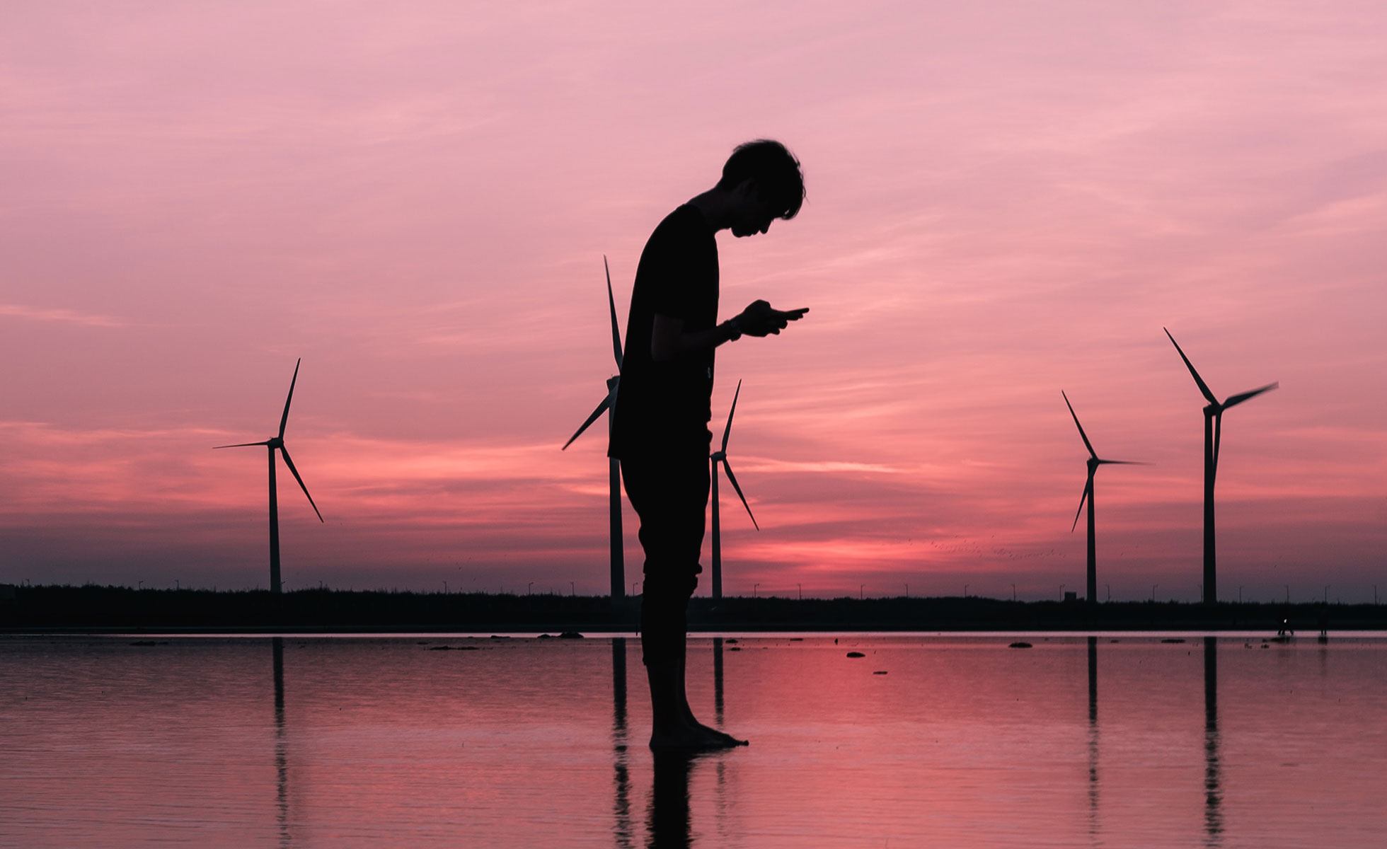 Young person reading online in front of wind turbines