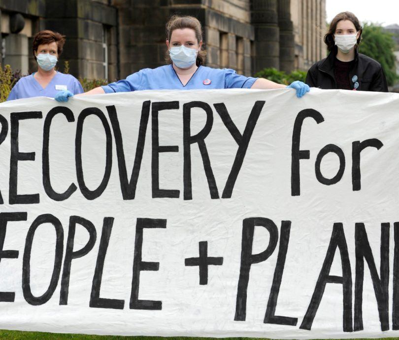 recovery-for-people-and-planet-banner Banner reading Recovery for People + Planet from Scotland demonstration