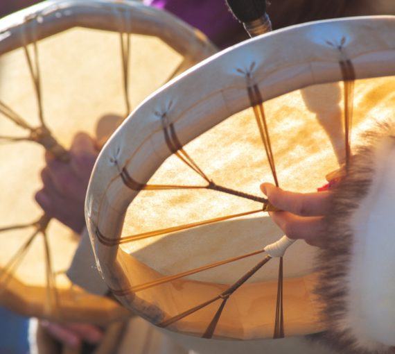 Close up photo of two hide drums