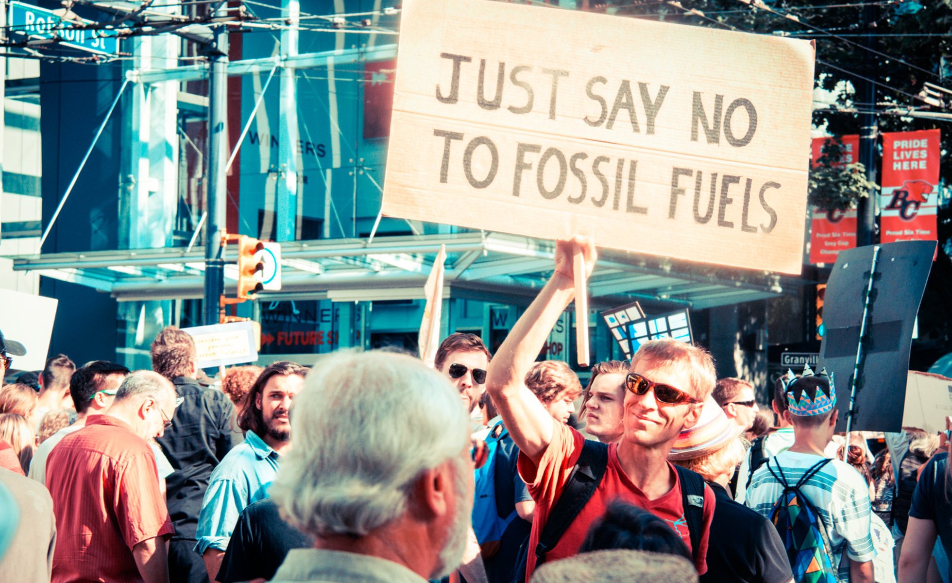 Sign in crowd that reads "Just say no to fossil fuels"