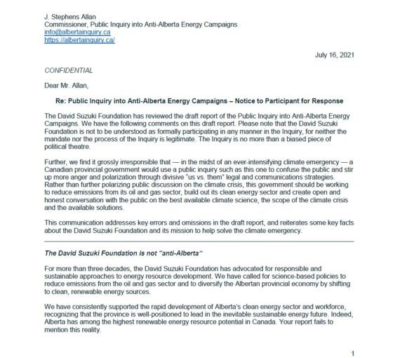 Response to Public Inquiry into Anti-Alberta Energy Campaigns