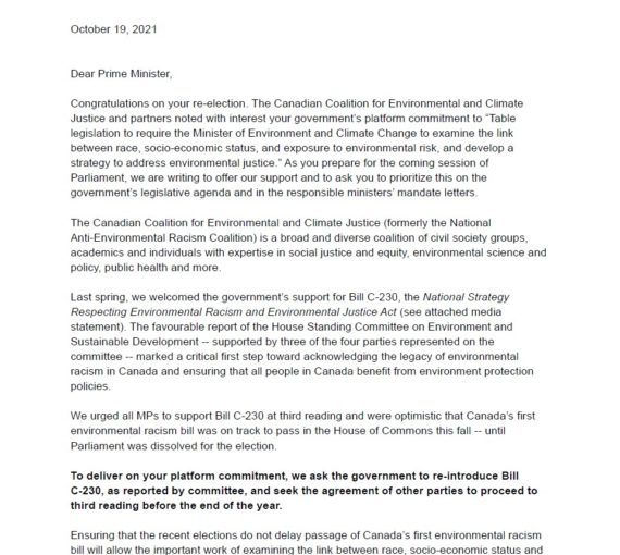 Letter to Prime Minister Trudeau: Reintroduce and pass environmental racism bill