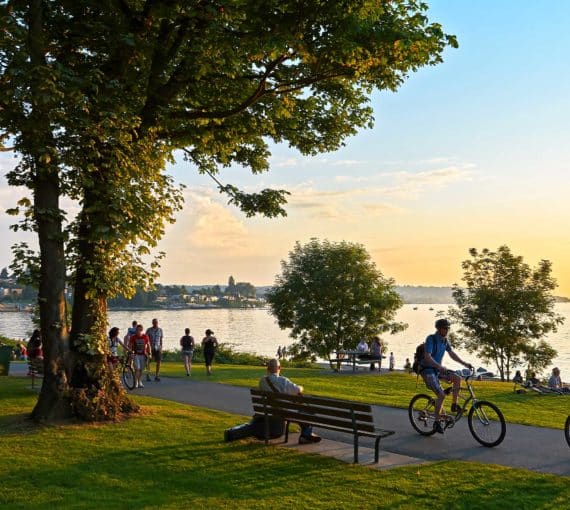 Stanley Park in Vancouver seawall people cycling