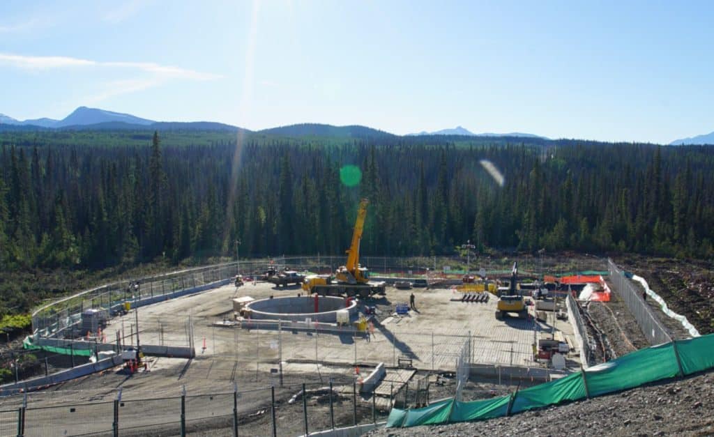 Drill pad site for under river tunnel during Coastal GasLink pipeline construction.