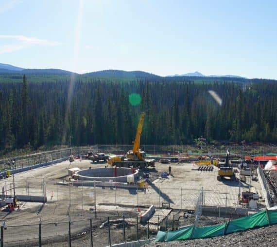 Drill pad site for under river LNG tunnel during Coastal GasLink pipeline construction. Liquefied natural gas.