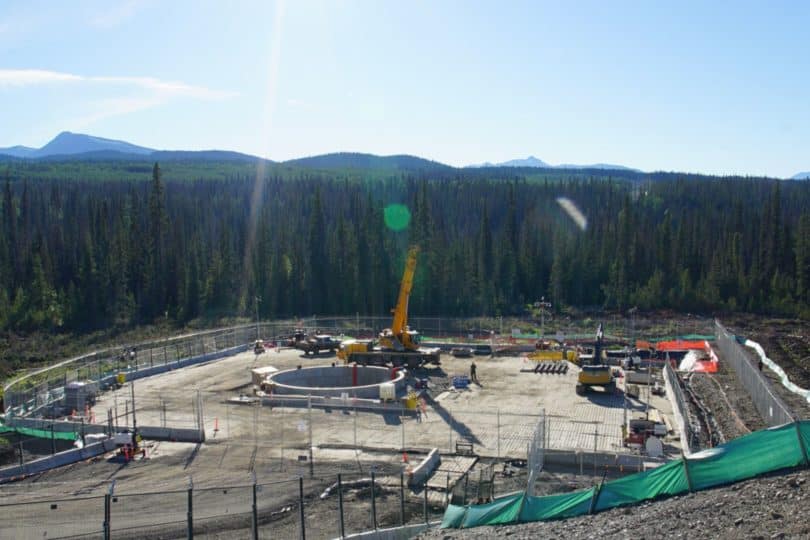 Drill pad site for under river LNG tunnel during Coastal GasLink pipeline construction. Liquefied natural gas.