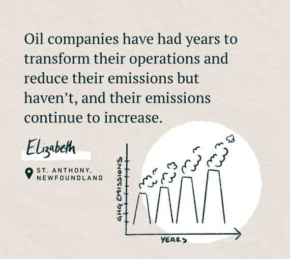 An illustration for our Word on the Street, holding oil and gas accountable series with the quote: Oil companies have had years to transform their operations and reduce their emissions but haven’t, and their emissions continue to increase.