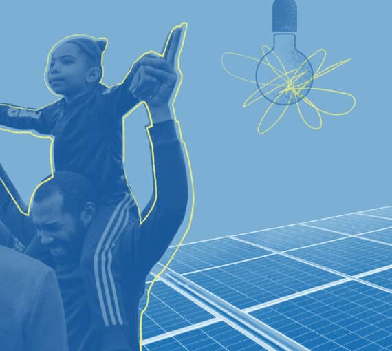 Child sitting on adults shoulders, solar panels and lightbulb graphic