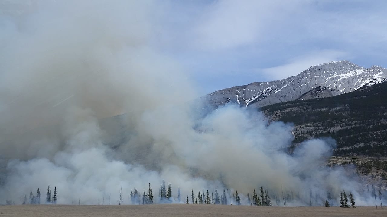 Cloud of smoke from forest fires covers a mountainous background