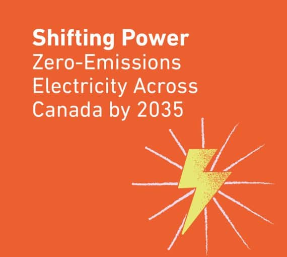 Lightning bolt graphic with text saying Shifting Power: Zero-Emissions Electricity Across Canada by 2035 - a report.
