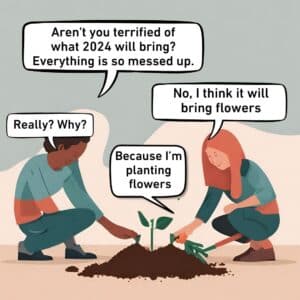 An illustration of two people planting seeds and talking about being optimistic for the year ahead