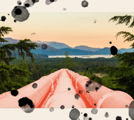 A scenic view of Canada ruined by pipelines covered in oil splatter