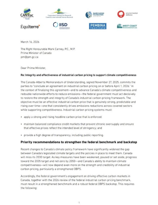 The front page thumbnail of the joint letter to Prime Minister Mark Carney: Restore the integrity and effectiveness of Canada’s industrial carbon pricing framework to support climate competitiveness