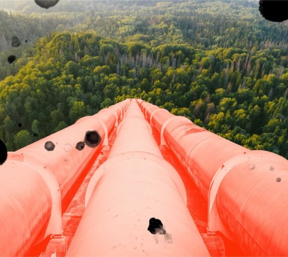 An image of pipelines crossing into scenic forests with drips of oil covering the image