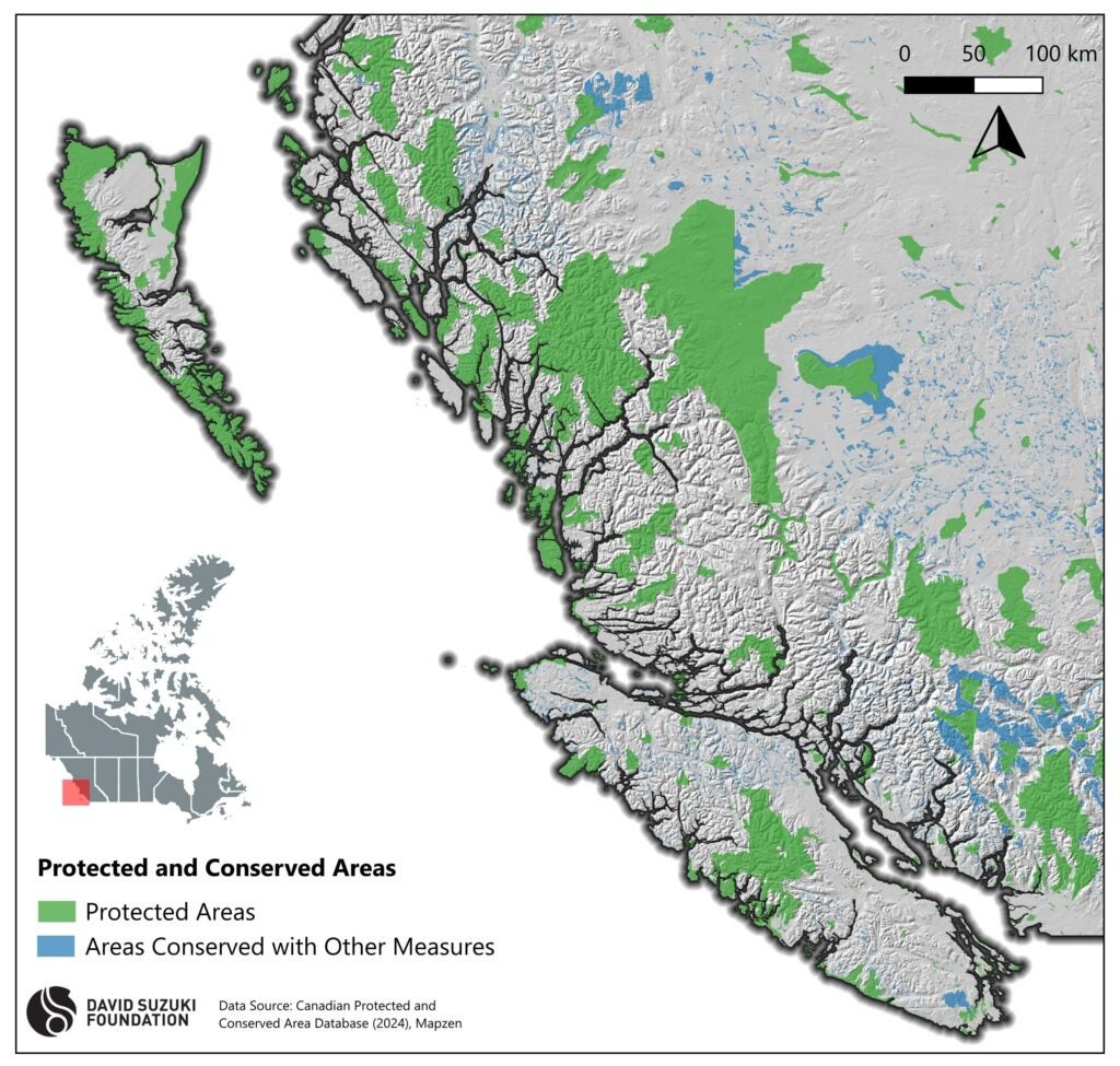 Map of protected and conserved areas in coastal British Columbia, Canada.