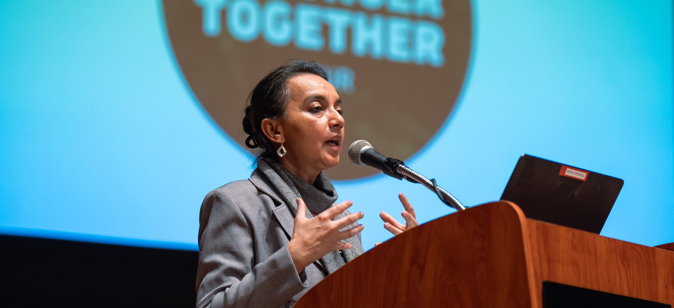 Mili-Roy-St-Catherines Dr Mili Roy speaking in St. Catherines on the Stronger Together tour.