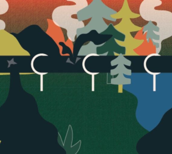 An illsutration of a pipeline going through the forest wilderness and polluting the water and land
